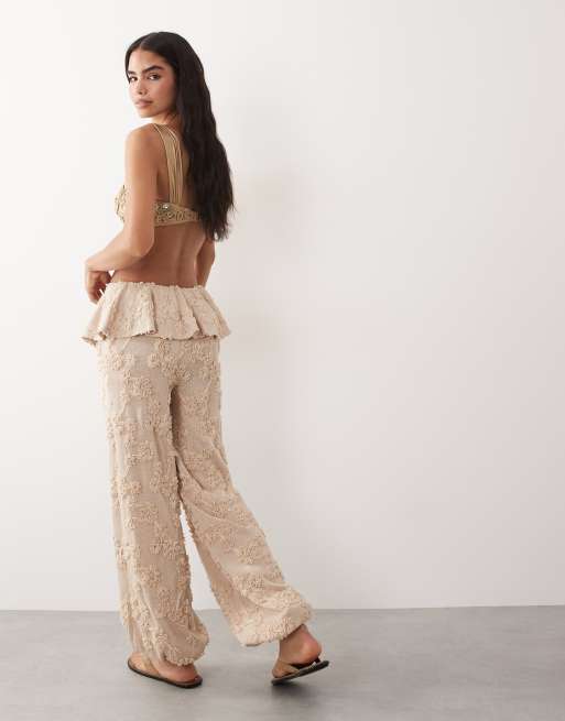 ASOS LUXE trouser with skirt overlayer in floral texture in camel, 3 of 5