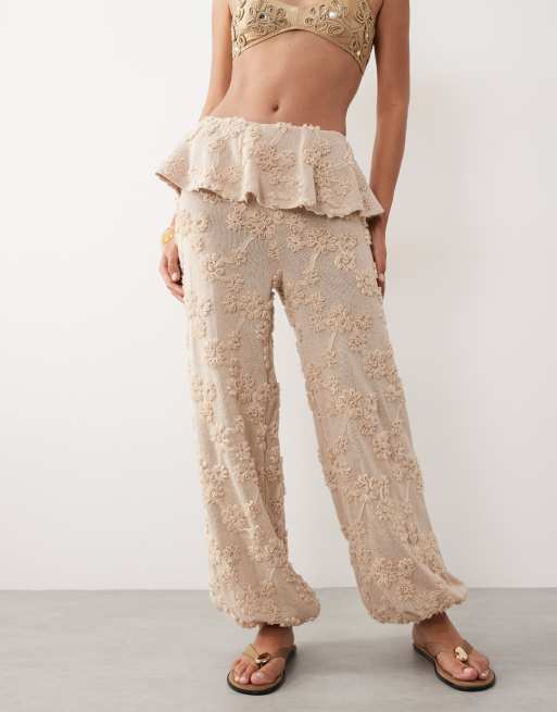 ASOS LUXE trouser with skirt overlayer in floral texture in camel, 5 of 5