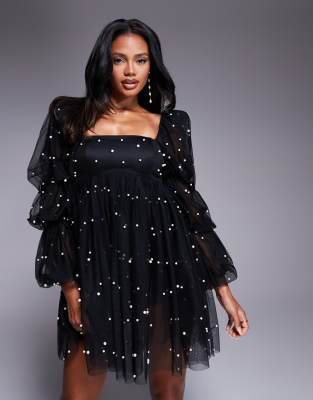 asos luxe tulle baby doll dress with pearl embellishment in black