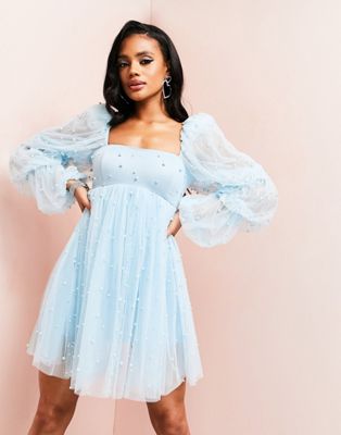 ASOS LUXE tulle baby doll dress with pearl embellishment in blue | ASOS
