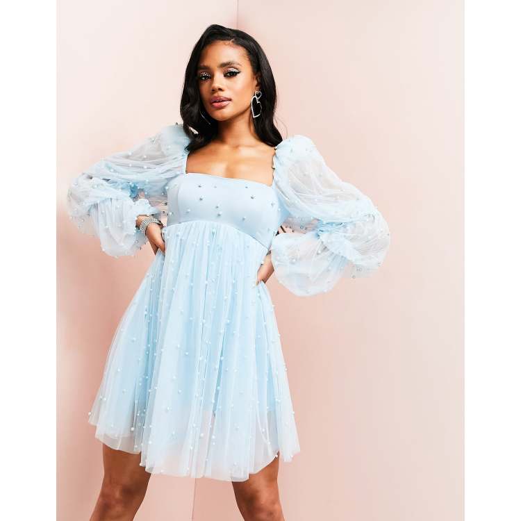 ASOS LUXE tulle baby doll dress with pearl embellishment in blue | ASOS