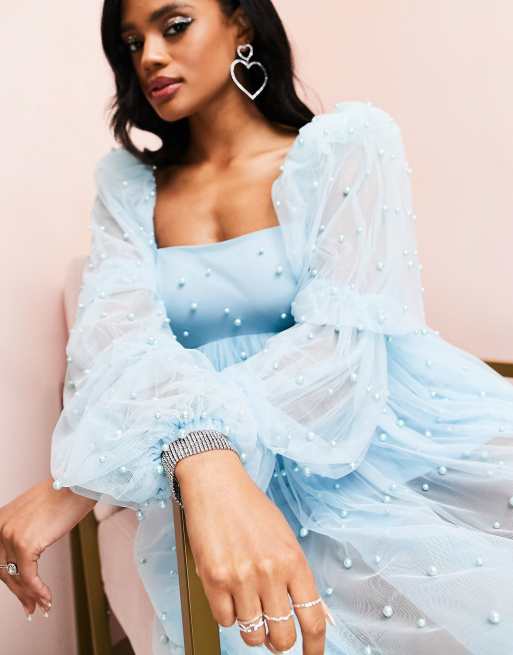 ASOS LUXE tulle baby doll dress with pearl embellishment in blue