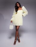 [ASOS LUXE] ASOS LUXE tulle baby doll dress with pearl embellishment in buttermilk-Yellow 16 YELLOW