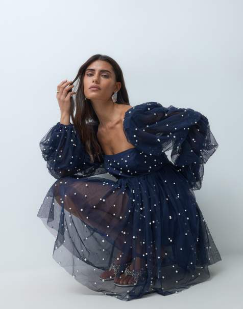 ASOS LUXE tulle baby doll dress with pearl embellishment in navy - view 1