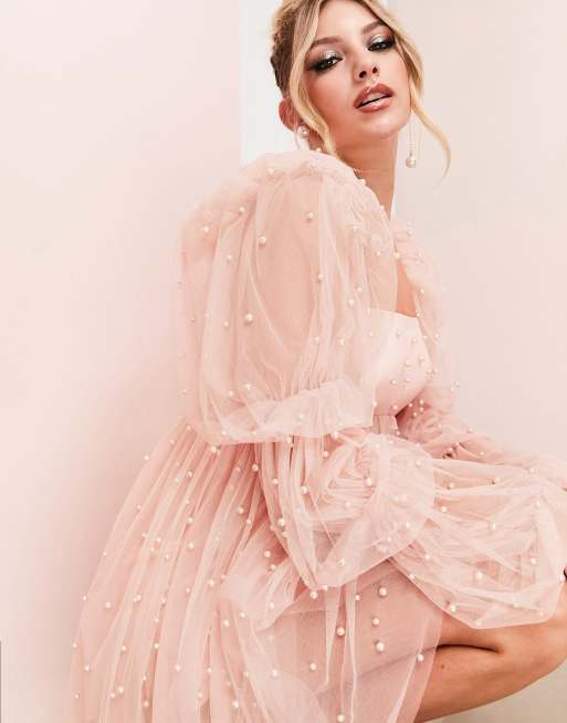 ASOS LUXE tulle baby doll dress with pearl embellishment in peach