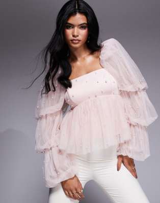 tulle babydoll top with pearl embellishment in pink-Neutral