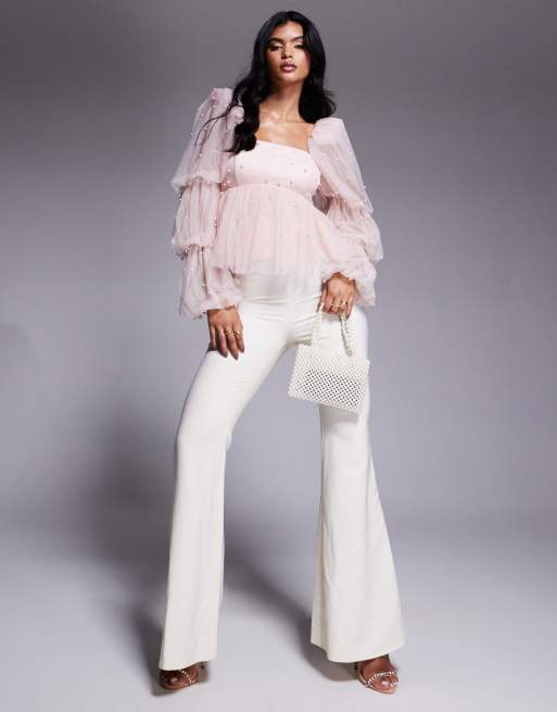 ASOS LUXE tulle babydoll top with pearl embellishment in