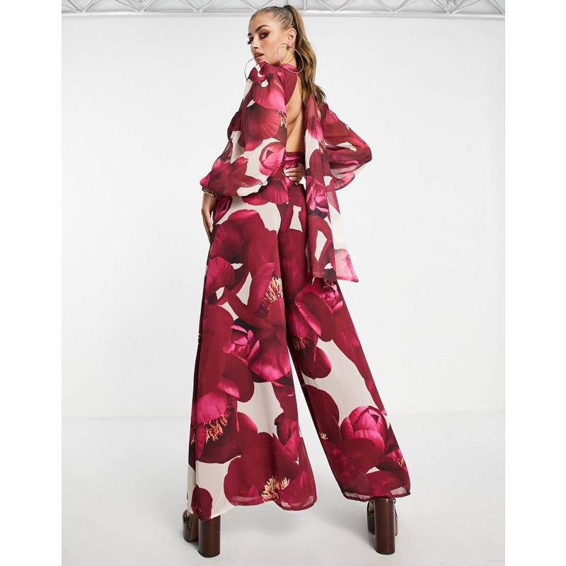 Designer  LUXE - Tuta jumpsuit in chiffon con stampa di rose con maniche a campana e fondo ampio