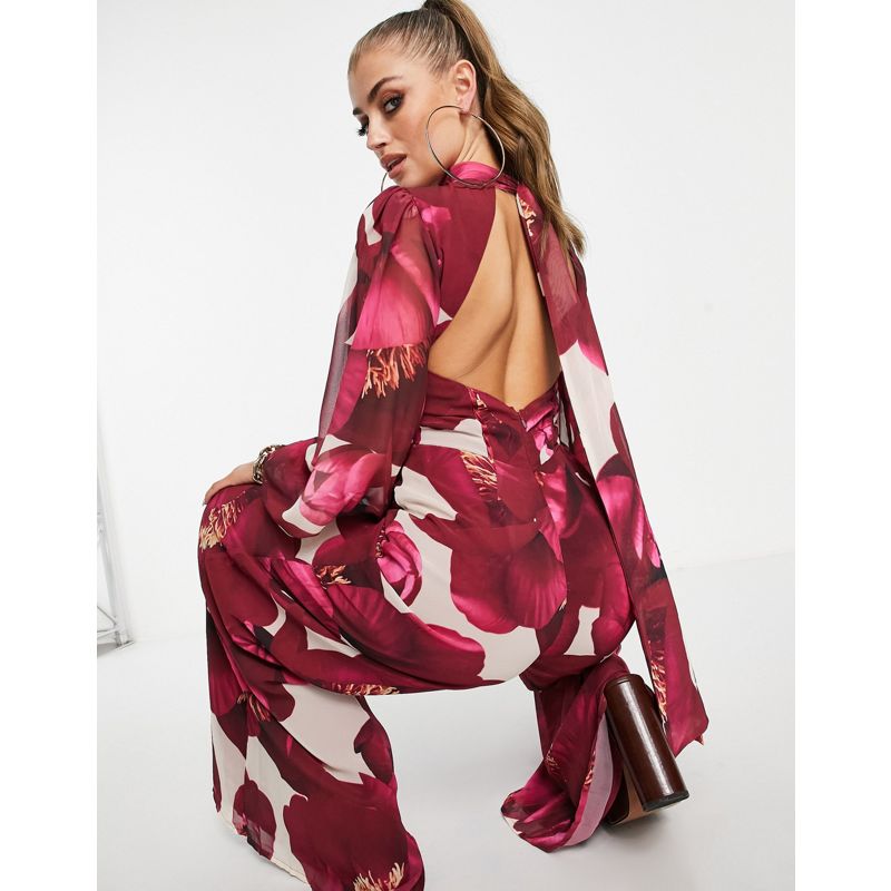 Designer  LUXE - Tuta jumpsuit in chiffon con stampa di rose con maniche a campana e fondo ampio