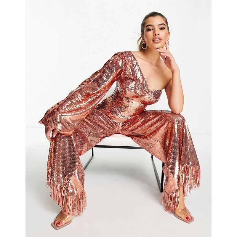 Designer Donna LUXE - Tuta jumpsuit in paillettes oro rosa con frange sul fondo e maniche oversize