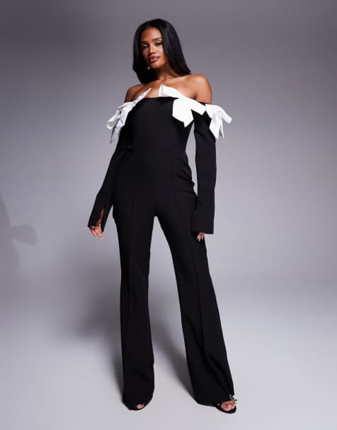ASOS Luxe - Tuta jumpsuit in raso nero a contrasto con spalle scoperte e fiocco - view 1