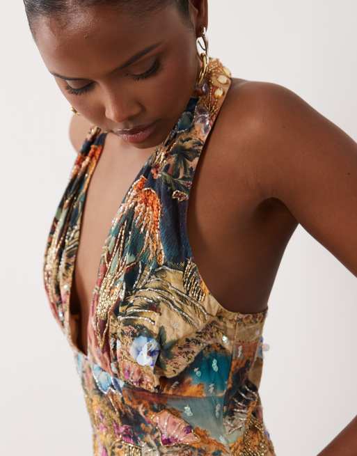 ASOS LUXE - Udsmykket halterneck-minikjole med landskabsprint, 3 af 4