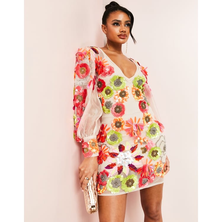ASOS LUXE v neck sheer mini dress with placement embellished