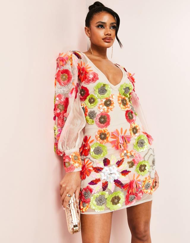 ASOS LUXE v neck sheer mini dress with placement embellished flowers in multi