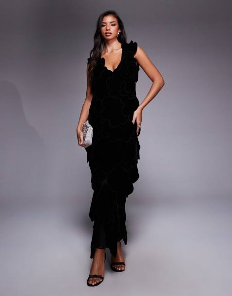 ASOS LUXE velvet 3D flower maxi dress in black - view 1