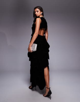 Asos Luxe Velvet 3d Flower Maxi Dress In Black