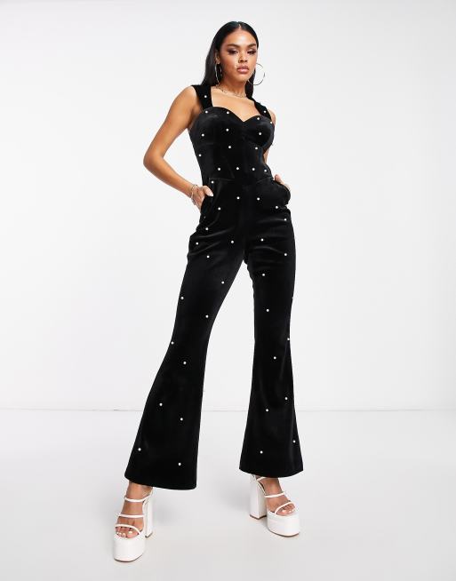 ASOS LUXE embellished sweetheart bandeau kick flare jumpsuit in