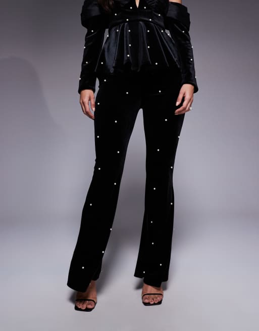 ASOS LUXE velvet co-ord trouser with pearl embellishment in black, 2 of 5