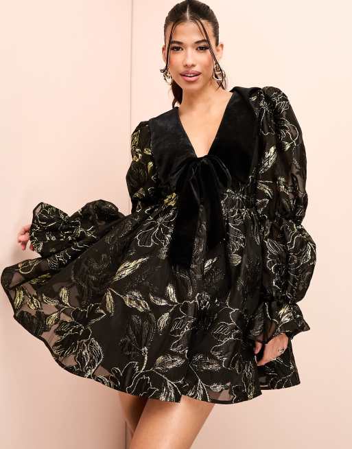 black and gold puff sleeve dress ASOS LUXE velvet collared mini with jacquard glitter mesh dress