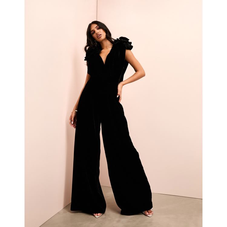 ASOS LUXE velvet corsage cowl neck wide leg jumpsuit in black