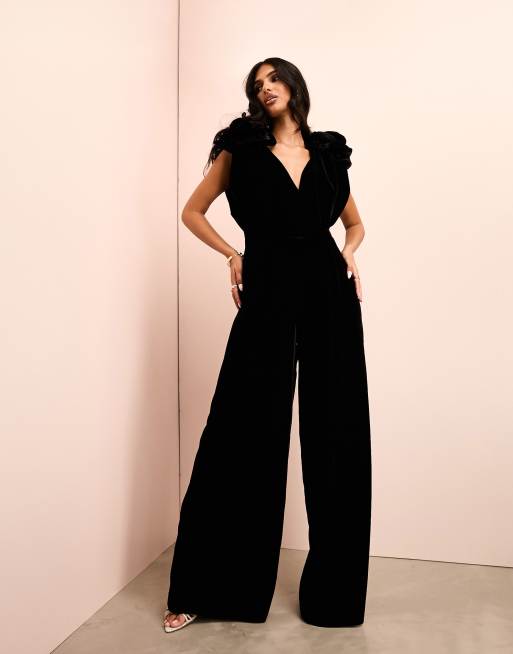 ASOS LUXE velvet corsage cowl neck wide leg jumpsuit in black