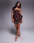 [ASOS LUXE] ASOS LUXE velvet embellished bandeau mini dress in burgundy-Red 18 BURGUNDY