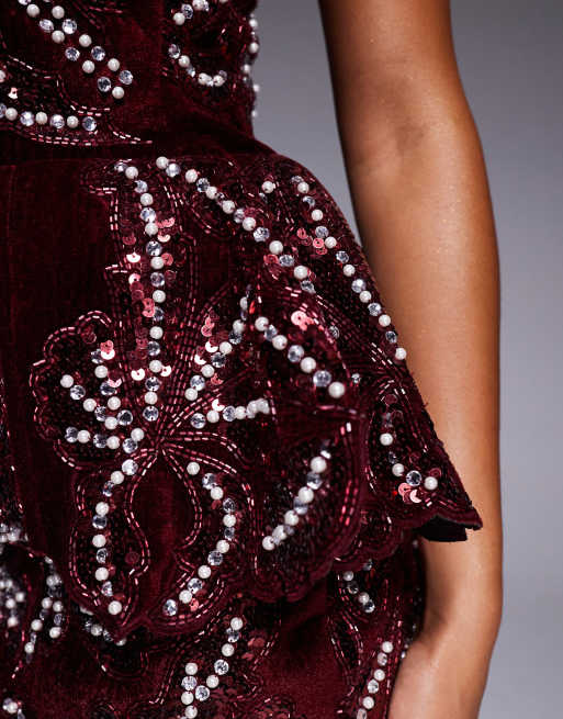 ASOS LUXE velvet embellished bandeau mini dress in burgundy 