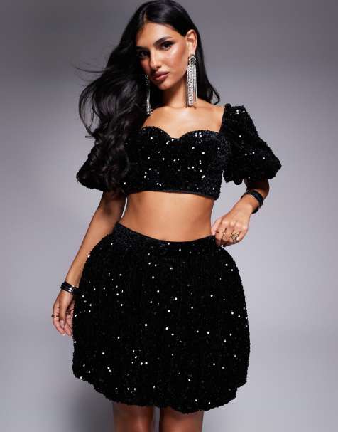 ASOS LUXE velvet embellished co-ord puff sleeve top in black sequin