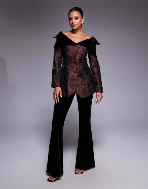 ASOS LUXE velvet flare pants and jacquard off the shoulder blazer with velvet detail set in chocolate floral - view 1