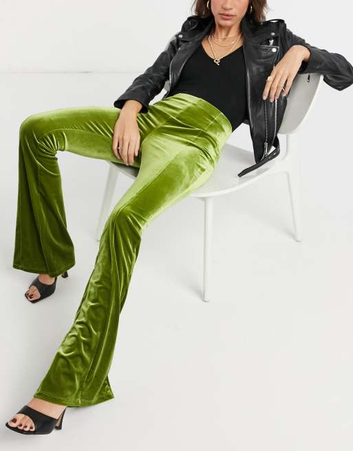 Green Crushed Velvet HW Flare Pants - Limited