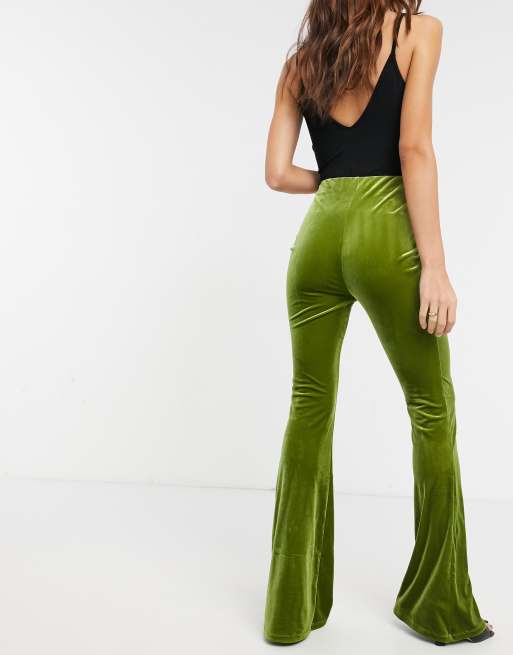 Green Crushed Velvet HW Flare Pants - Limited