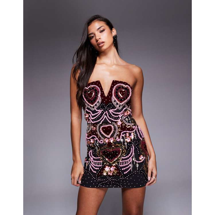 ASOS Luxe Velvet Heart Embellished Faux-Pearl Trim Mini Dress with Detachable straps-Multi