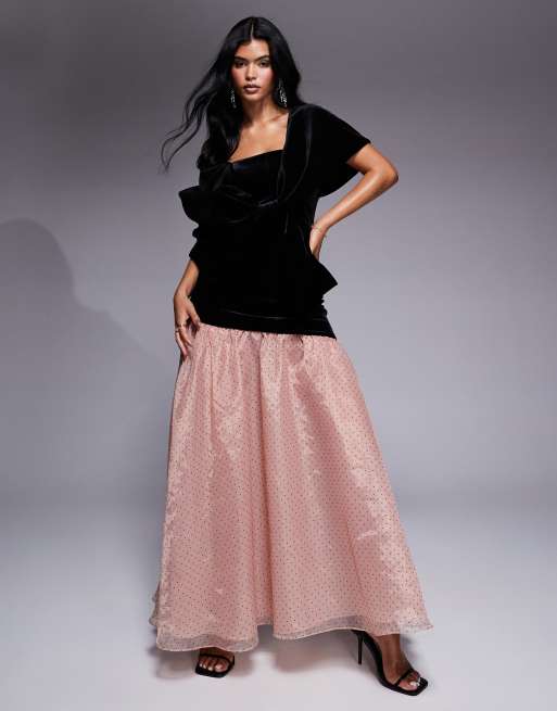 ASOS LUXE velvet maxi dress with textured organza skirt and velvet bow