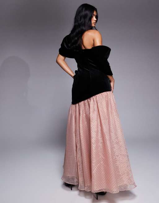 ASOS LUXE velvet maxi dress with textured organza skirt and velvet bow