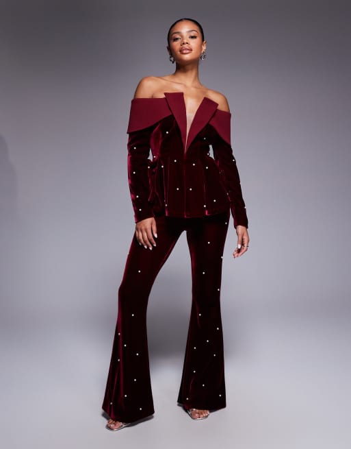 ASOS LUXE velvet off the shoulder structured blazer top with pearl detail in berry - part of a set