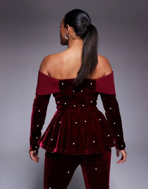 ASOS LUXE velvet off the shoulder structured blazer top with pearl detail in berry - part of a set