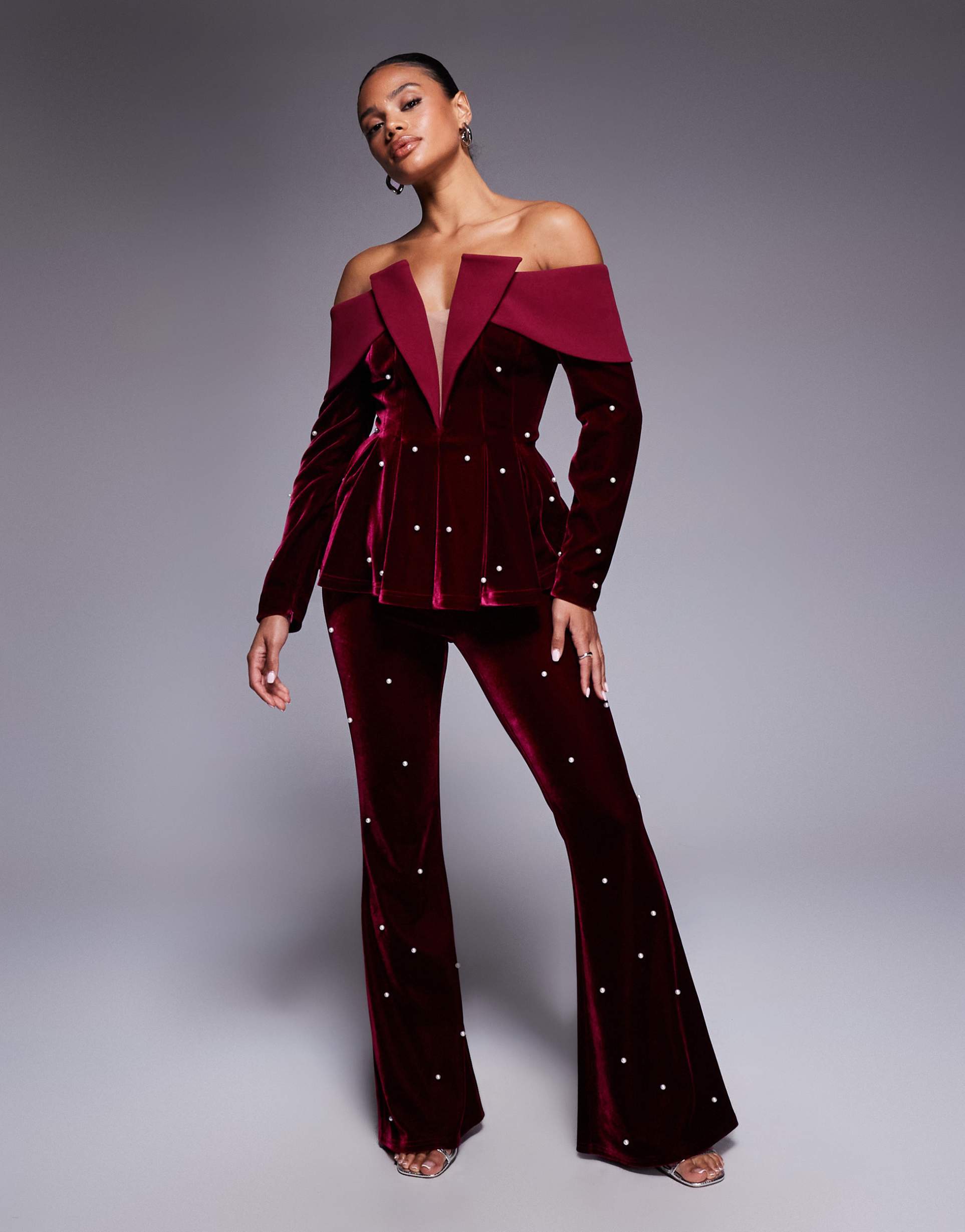 asos luxe velvet pants with pearl embellishment in berry - part of a set