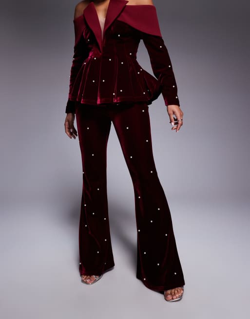 ASOS LUXE velvet pants with pearl embellishment in berry - part of a set