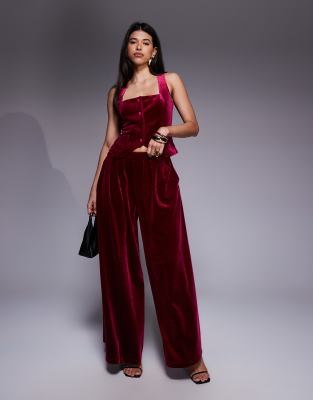 Asos Luxe Velvet Pleated Pants In Burgundy