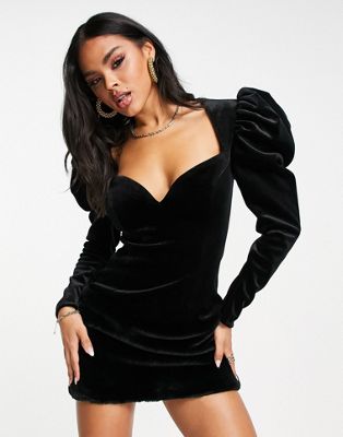 Louis Vuitton 2020 Black Wool Cold Shoulder Puff Sleeve Mini Dress sz XXS