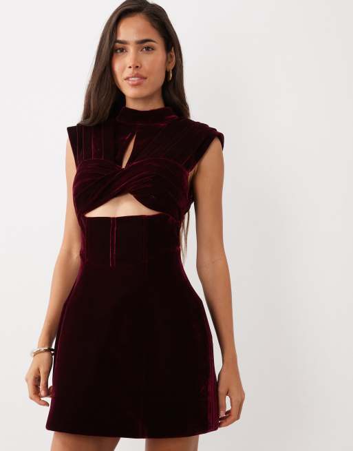 ASOS LUXE velvet ruched bust structured mini dress in burgundy, 2 of 4