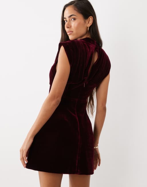 ASOS LUXE velvet ruched bust structured mini dress in burgundy, 4 of 4