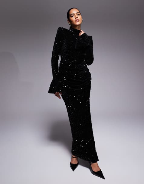 ASOS LUXE velvet sequin maxi dress with drape waist in black