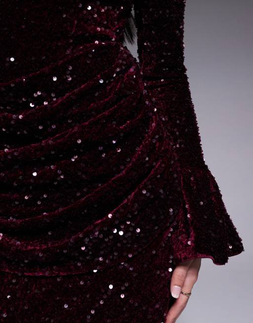 ASOS LUXE velvet sequin maxi dress with drape waist in burgundy
