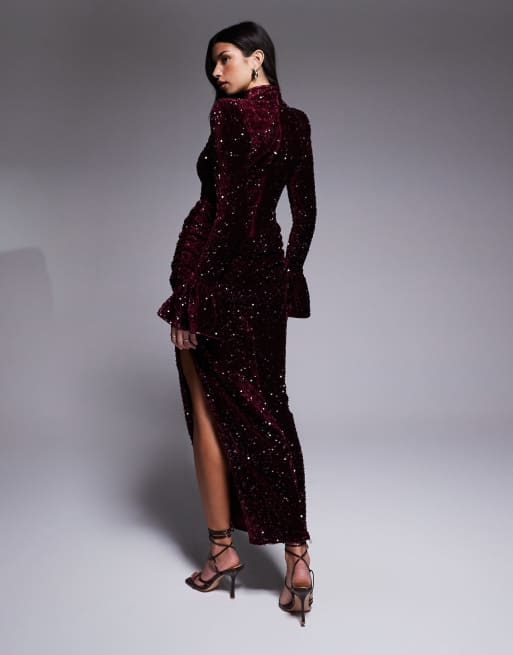 ASOS LUXE velvet sequin maxi dress with drape waist in burgundy