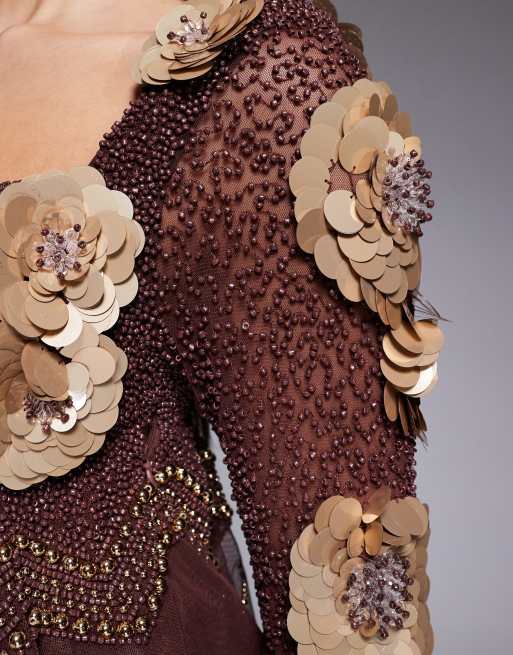 ASOS LUXE – Verziertes Minikleid in Braun mit Perlenanhängern und 3D-Blumen, 4 von 4