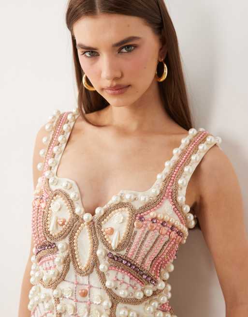 ASOS Luxe – Verziertes Minikleid in Creme mit eckigem Ausschnitt, 2 von 4
