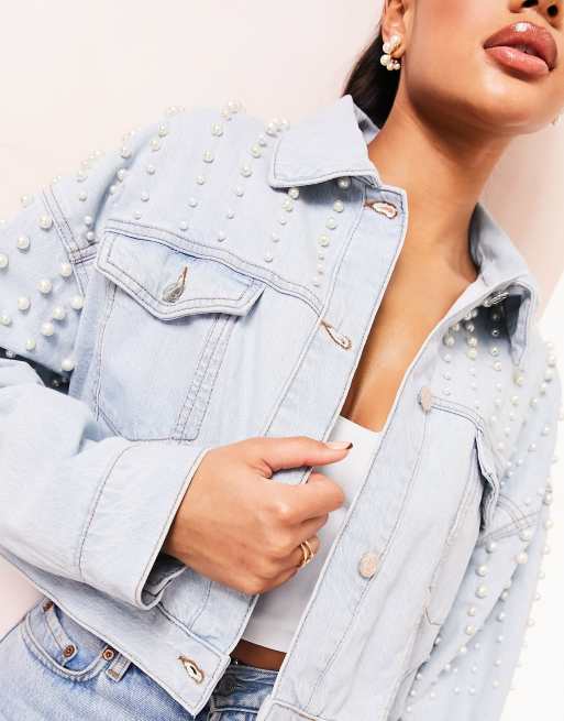 Veste en jean 2024 avec perles femme