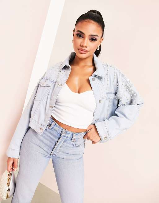 ASOS LUXE Veste en jean orn e de perles sur l ensemble Bleu ASOS