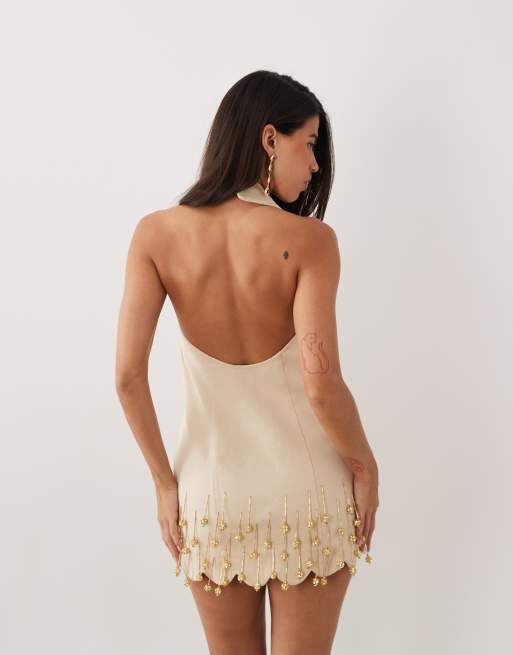 ASOS LUXE - Vestido corto beis con abalorios de tejido efecto lino, 4 de 4